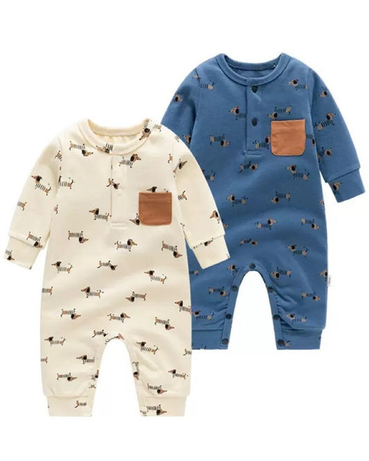 Dachshund Pocket Design Long Sleeve Baby Jumpsuits