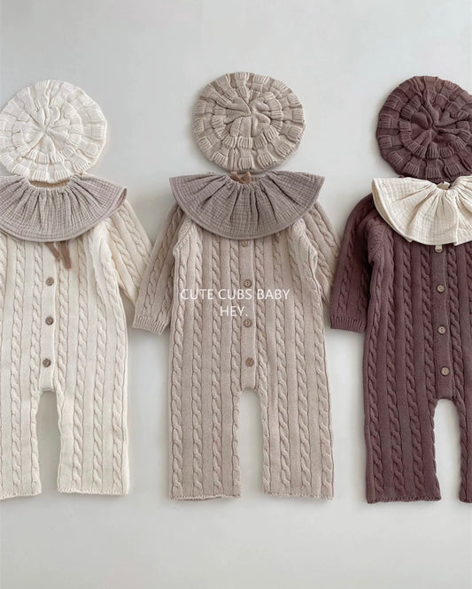 Casual Solid Color Cable-Knit Baby Jumpsuits Hat