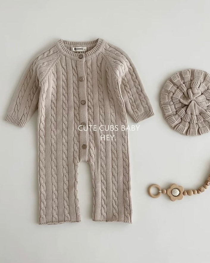 Casual Solid Color Cable-Knit Baby Jumpsuits Hat