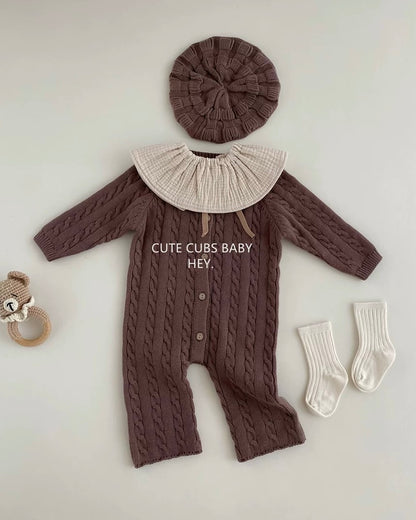 Casual Solid Color Cable-Knit Baby Jumpsuits Hat