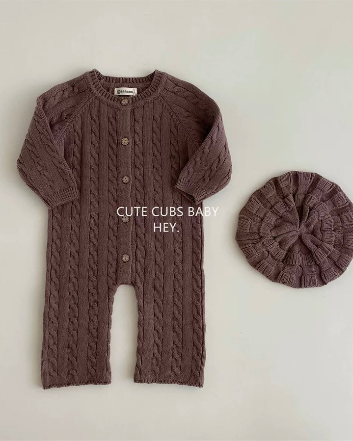 Casual Solid Color Cable-Knit Baby Jumpsuits Hat