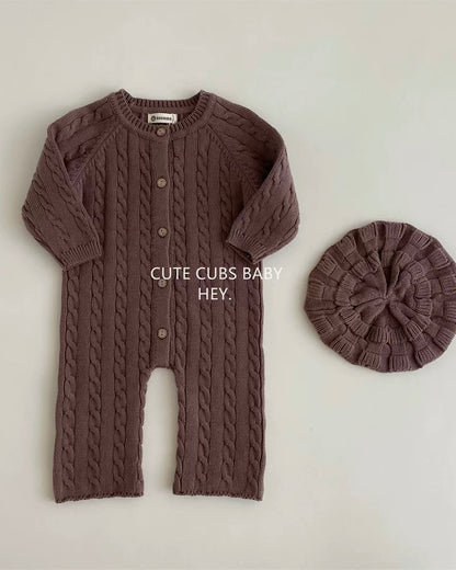 Casual Solid Color Cable-Knit Baby Jumpsuits Hat