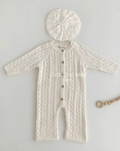 Casual Solid Color Cable-Knit Baby Jumpsuits Hat