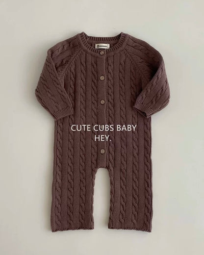 Casual Solid Color Cable-Knit Baby Jumpsuits Hat