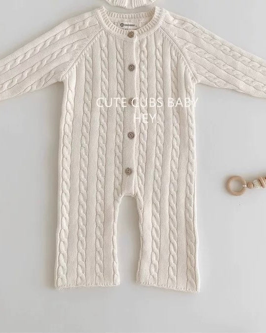 Casual Solid Color Cable-Knit Baby Jumpsuits Hat