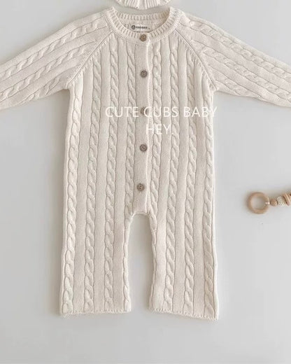 Casual Solid Color Cable-Knit Baby Jumpsuits Hat