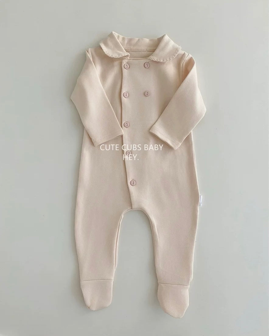 Soft Cotton Buttoned Long Sleeve Foot-covering Baby Jumpsuits