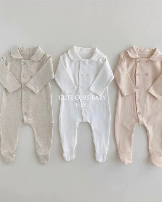 Soft Cotton Buttoned Long Sleeve Foot-covering Baby Jumpsuits
