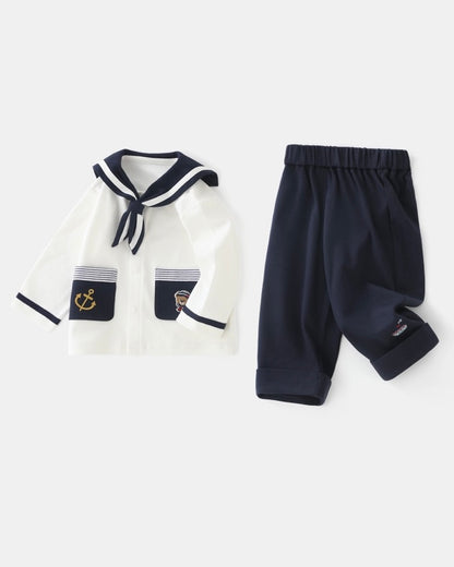 Navy Collar Pocket Design Baby Jumpsuits/Short Sleeve Set
