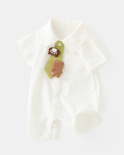Bear Tie Decor Short Sleeve Baby Jumpsuits