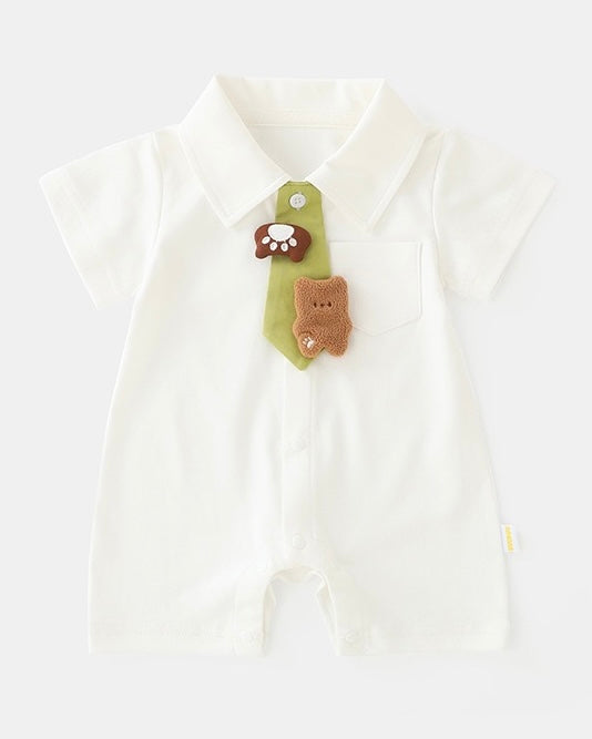 Bear Tie Decor Short Sleeve Baby Jumpsuits