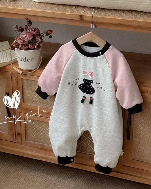 Sweet Dress Pattern Color Block Long Sleeve Baby Jumpsuits
