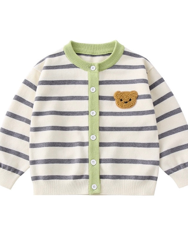 Bear Head Striped Long Sleeve Baby Jumpsuits Cardigan