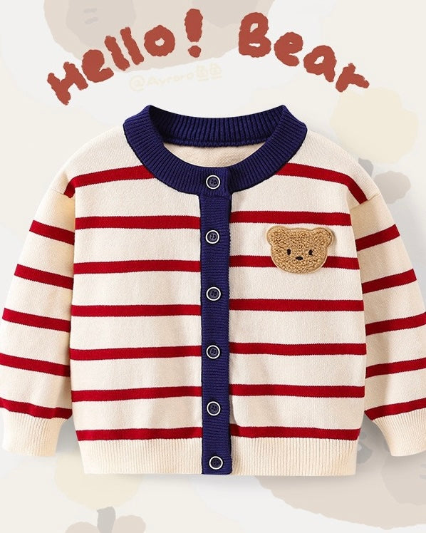 Bear Head Striped Long Sleeve Baby Jumpsuits Cardigan