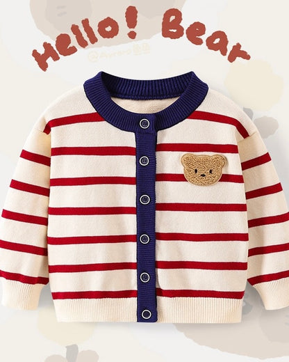 Bear Head Striped Long Sleeve Baby Jumpsuits Cardigan