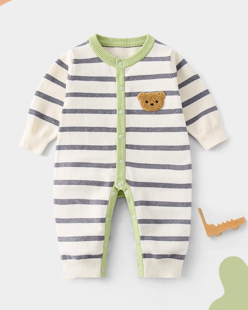 Bear Head Striped Long Sleeve Baby Jumpsuits Cardigan