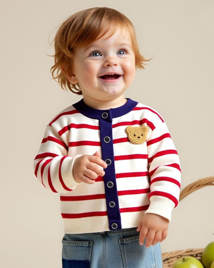 Bear Head Striped Long Sleeve Baby Jumpsuits Cardigan