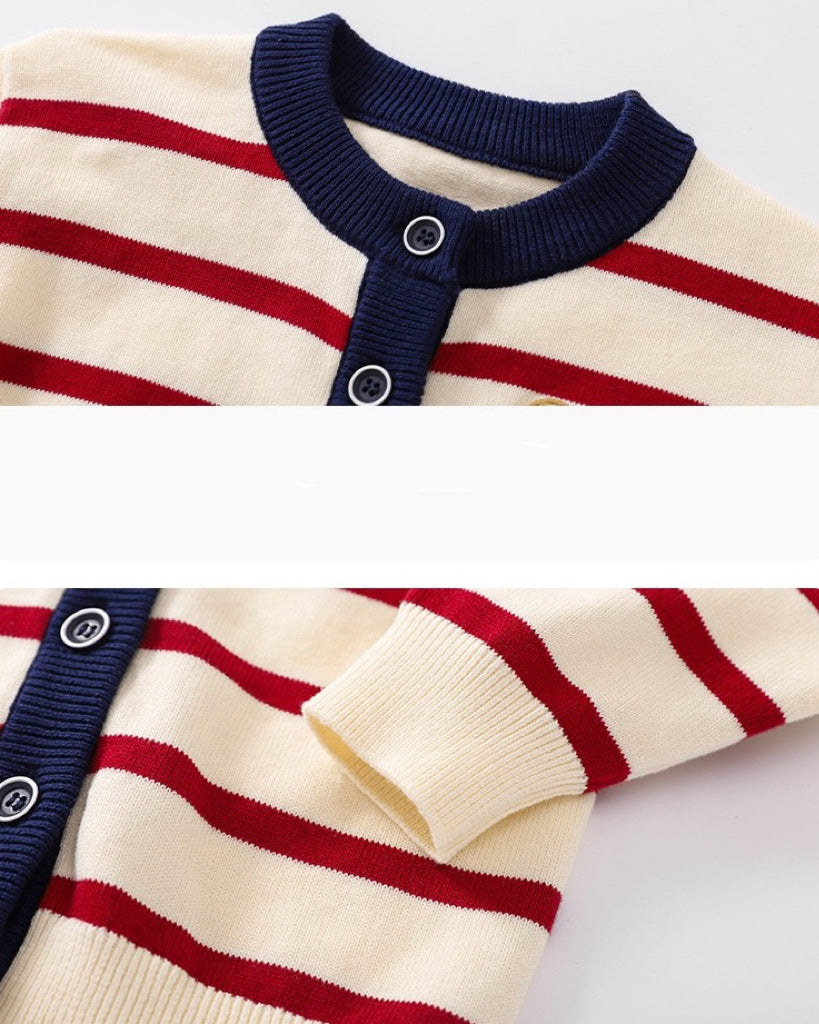 Bear Head Striped Long Sleeve Baby Jumpsuits Cardigan