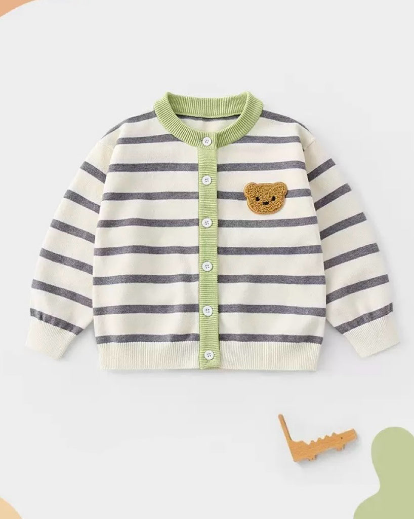 Bear Head Striped Long Sleeve Baby Jumpsuits Cardigan