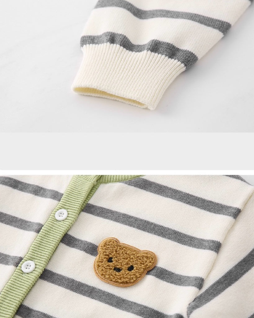 Bear Head Striped Long Sleeve Baby Jumpsuits Cardigan