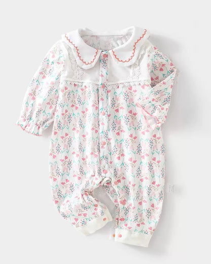 Cotton Sweet Floral Collar Long Sleeve Baby Jumpsuits