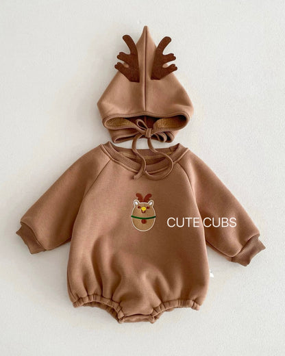 Christmas Solid Color Fleece Baby Romper with Hat