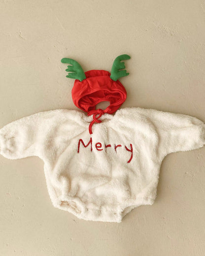 Merry Christmas Fleece Baby Romper with Hat