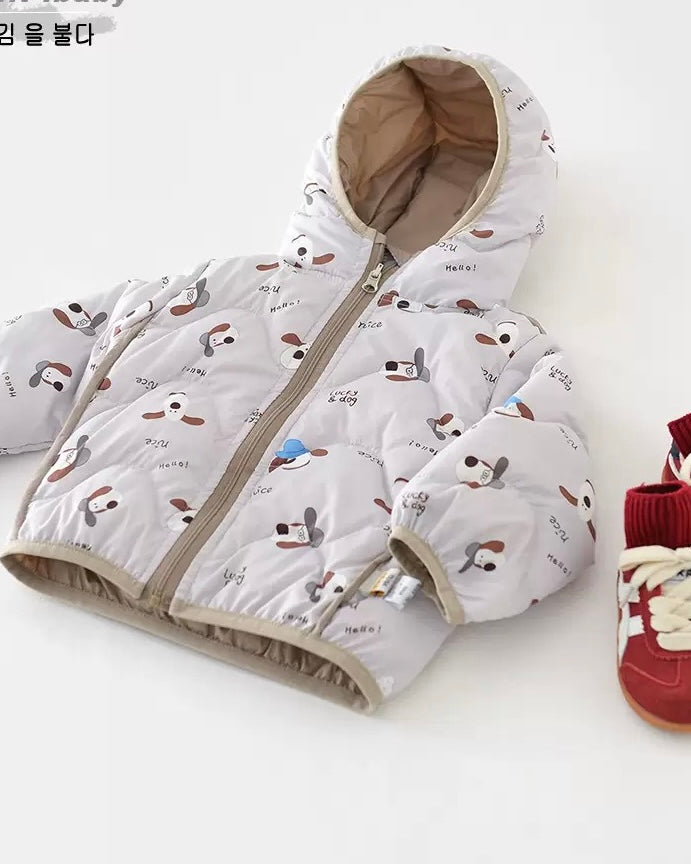 プリント柄の暖かいベビーフード付きパファージャケット