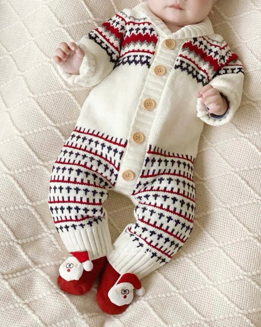 Geometric Pattern Knitted Baby Jumpsuits Hat