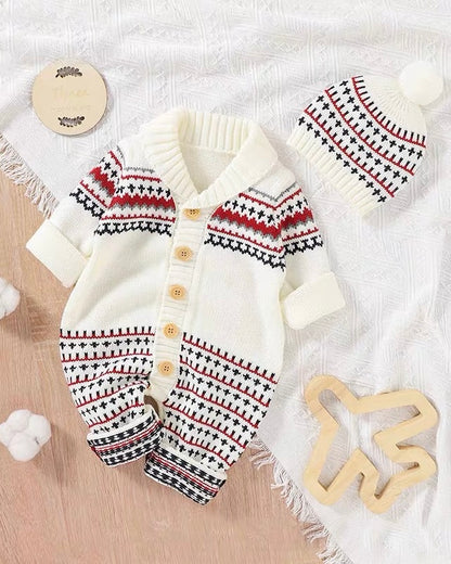 Geometric Pattern Knitted Baby Jumpsuits Hat