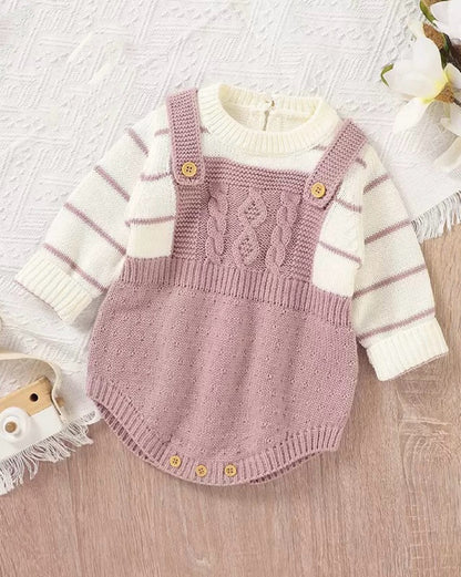 Fake Two Pieces Striped Knitted Baby Romper