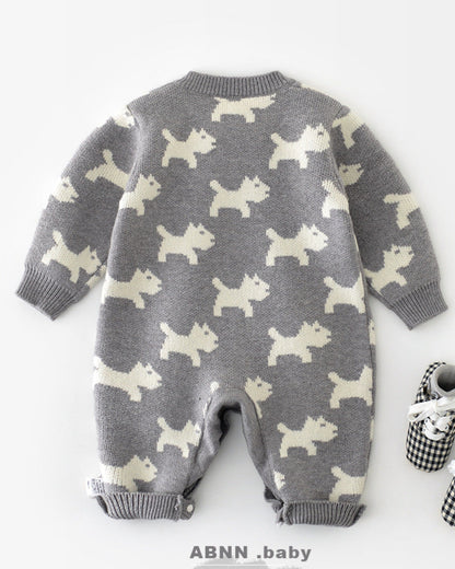 Puppy Pattern Knitted Buttoned Long Sleeve Baby Jumpsuits