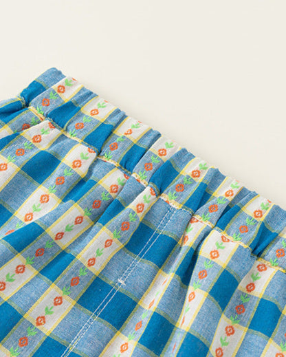 2pcs Plaid Floral Heart Buttoned Girl Top&Pant Set