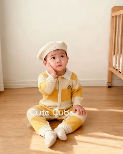 Knitted Striped Polo Collar Baby Jumpsuits Hat