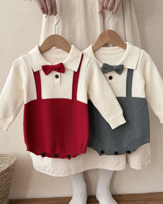 Tie Decor Long Sleeve Knitted Baby Romper