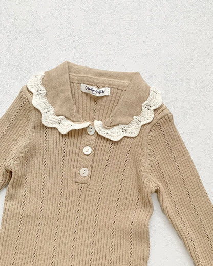 Buttoned Lace Collar Knitted Long Sleeve Baby Romper