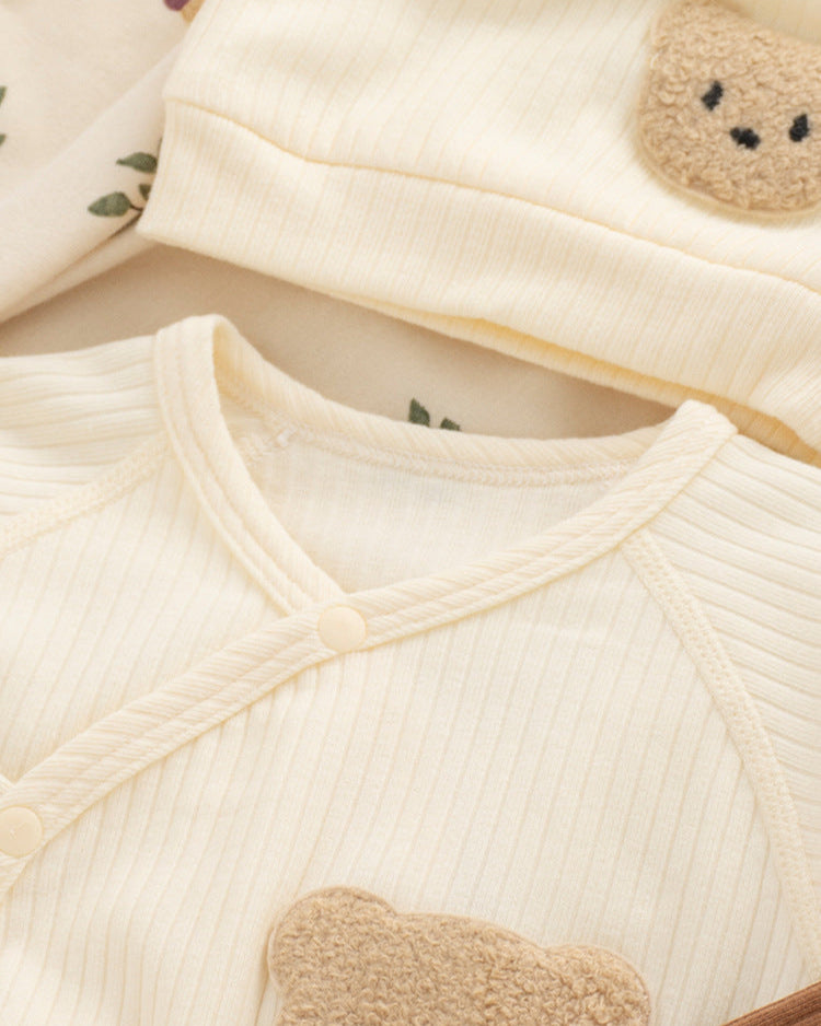 Bear Pattern Solid Color Cotton Long Sleeve Baby Jumpsuits Hat