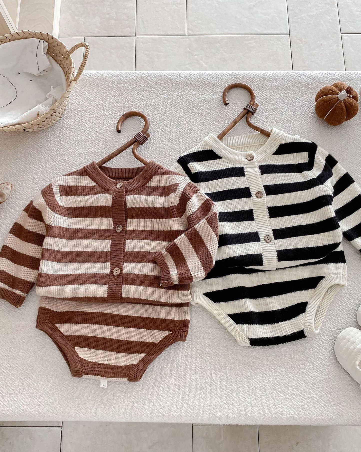 Striped Knitted Baby Cardigan Short Pants 2pcs Set