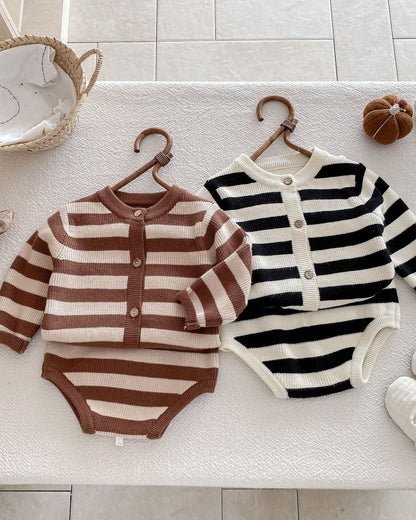 Striped Knitted Baby Cardigan Short Pants 2pcs Set