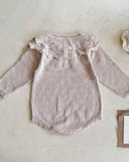 Lace-up Knitted Ruffled Collar Long Sleeve Baby Romper