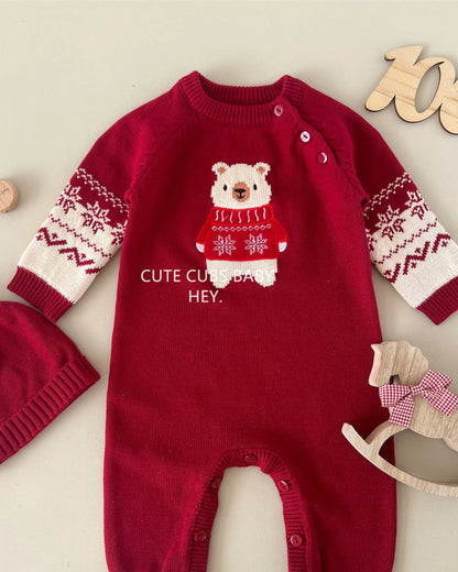 Bear Pattern Knitted Baby Jumpsuits Hat 2pcs Set