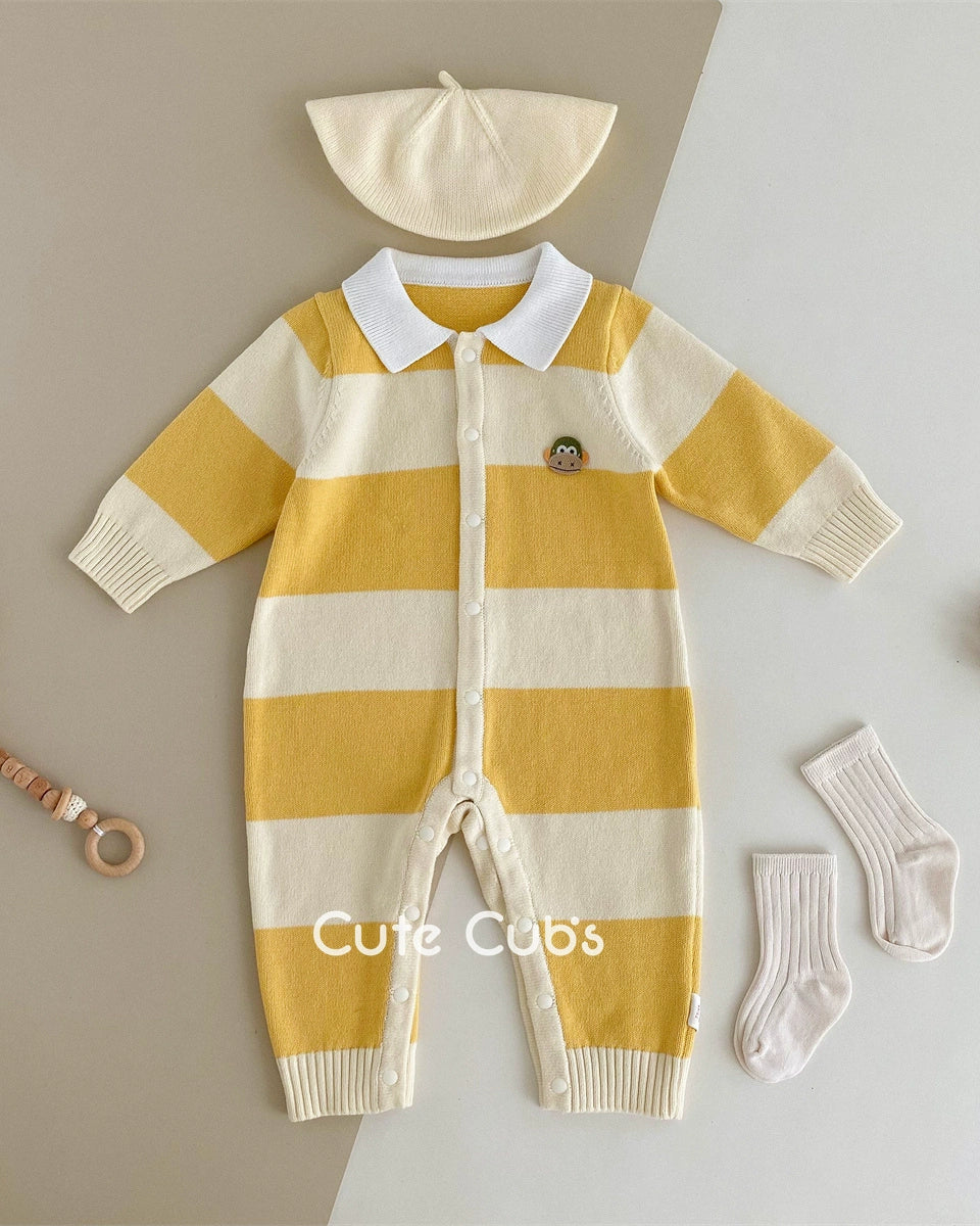 Knitted Striped Polo Collar Baby Jumpsuits Hat