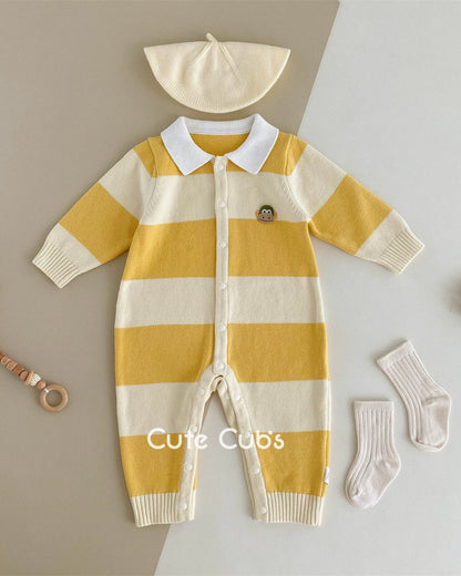 Knitted Striped Polo Collar Baby Jumpsuits Hat