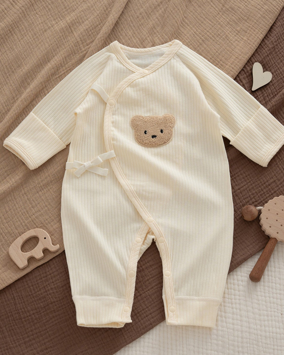 Bear Pattern Solid Color Cotton Long Sleeve Baby Jumpsuits Hat