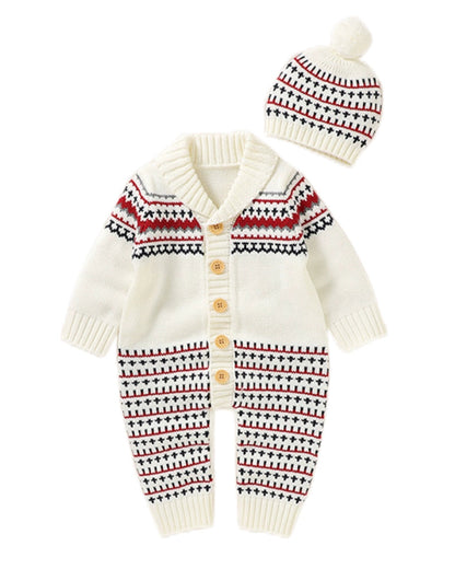 Geometric Pattern Knitted Baby Jumpsuits Hat