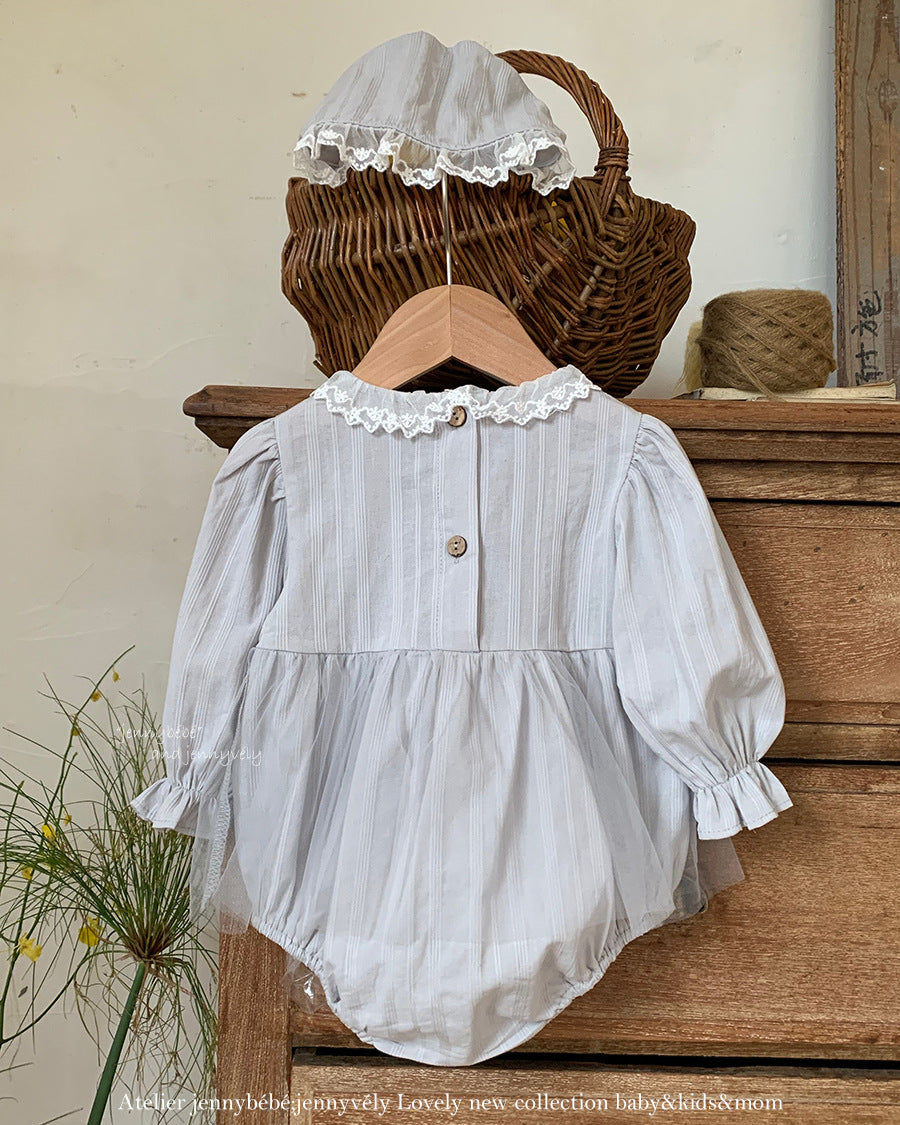 Lace Mesh Decor Long Sleeve Baby Girl Romper&Hat