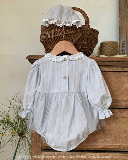 Lace Mesh Decor Long Sleeve Baby Girl Romper&Hat