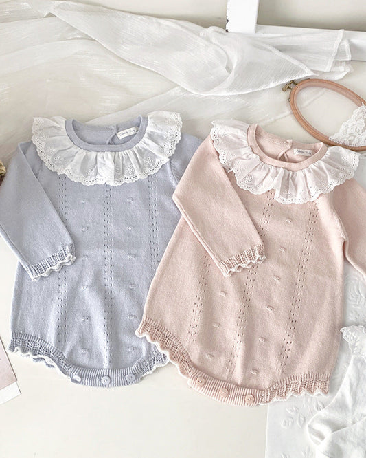 Sweet Ruffled Lace Collar Knitted Baby Romper