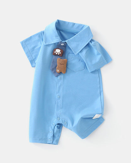 Bear Tie Decor Short Sleeve Baby Jumpsuits