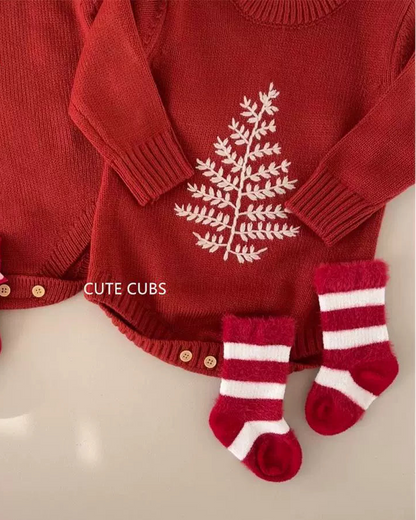 Knitted Tree Pattern Red Baby Romper